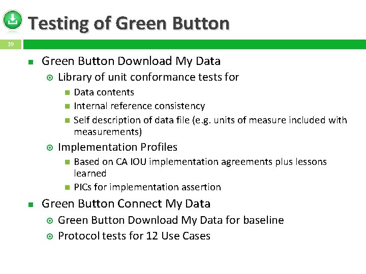 Testing of Green Button 39 Green Button Download My Data Library of unit conformance