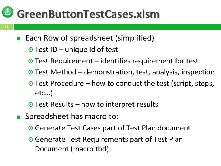 Green. Button. Test. Cases. xlsm 41 Each Row of spreadsheet (simplified) Test ID –