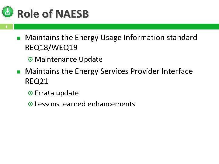 Role of NAESB 8 Maintains the Energy Usage Information standard REQ 18/WEQ 19 Maintenance