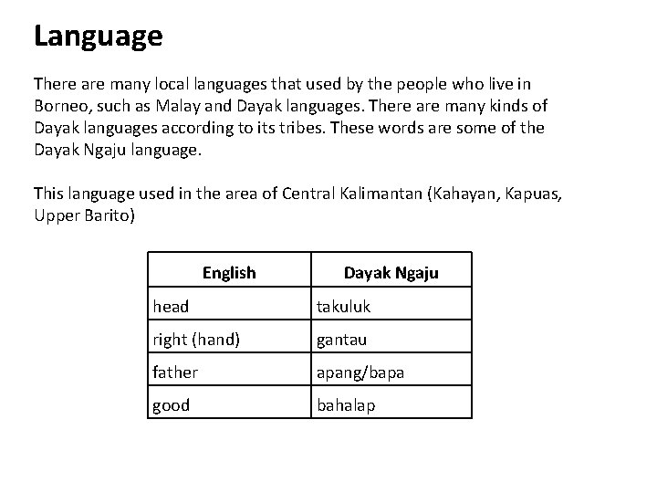 Language There are many local languages that used by the people who live in Language There are many local languages that used by the people who live in