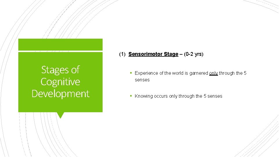 (1) Sensorimotor Stage – (0 -2 yrs) Stages of Cognitive Development § Experience of