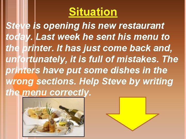 Situation Steve is opening his new restaurant today. Last week he sent his menu
