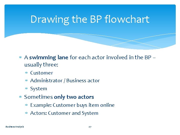 Drawing the BP flowchart A swimming lane for each actor involved in the BP