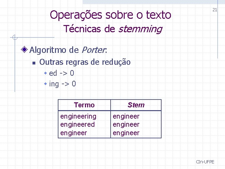 Operações sobre o texto 21 Técnicas de stemming Algoritmo de Porter: n Outras regras