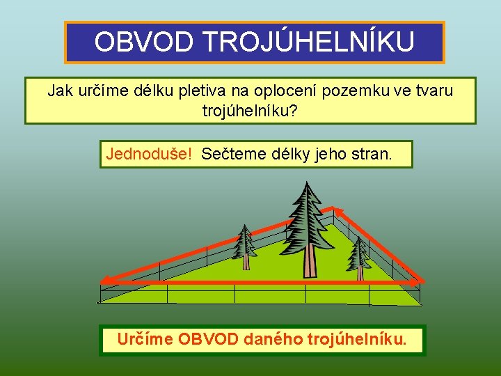 OBVOD TROJÚHELNÍKU Jak určíme délku pletiva na oplocení pozemku ve tvaru trojúhelníku? Jednoduše! Sečteme