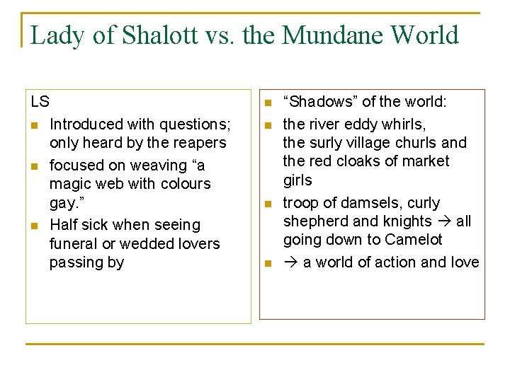 Lady of Shalott vs. the Mundane World LS n n Introduced with questions; only