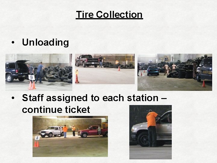 Tire Collection • Unloading • Staff assigned to each station – continue ticket 
