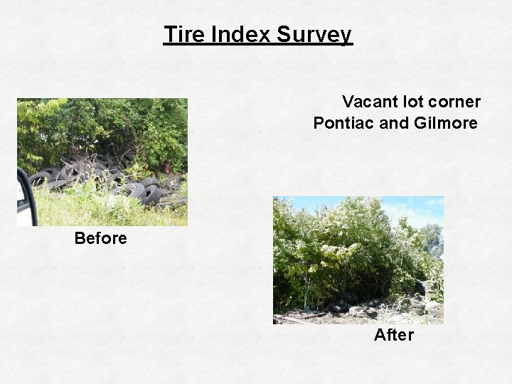 Tire Index Survey Vacant lot corner Pontiac and Gilmore of Before After 