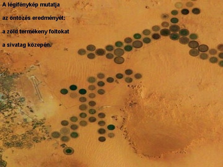 A légifénykép mutatja Esettanulmány az öntözés eredményét: a zöld termékeny foltokat a sivatag közepén.