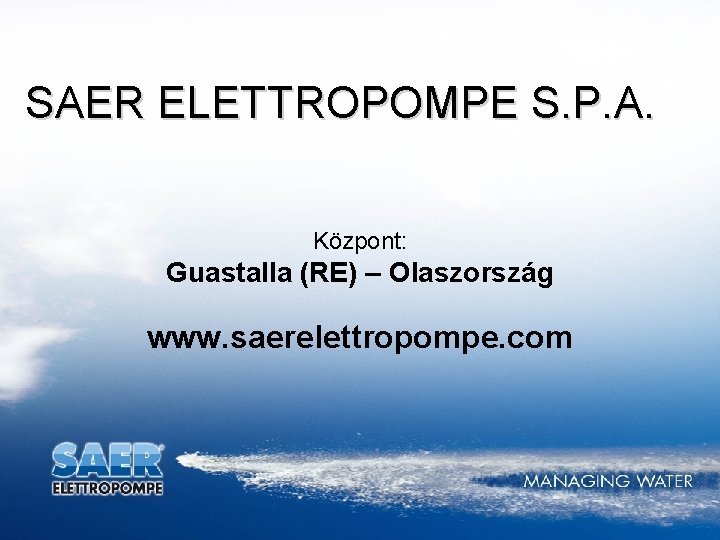 SAER ELETTROPOMPE S. P. A. Központ: Guastalla (RE) – Olaszország www. saerelettropompe. com 