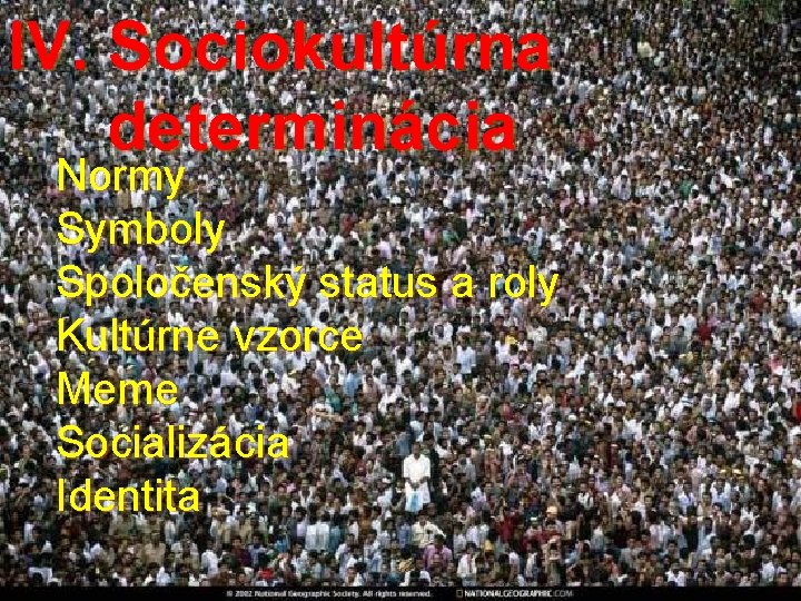 IV. Sociokultúrna determinácia Normy Symboly Spoločenský status a roly Kultúrne vzorce Meme Socializácia Identita