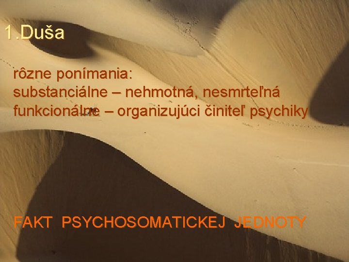 1. Duša rôzne ponímania: substanciálne – nehmotná, nesmrteľná funkcionálne – organizujúci činiteľ psychiky FAKT