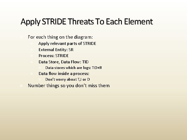 Apply STRIDE Threats To Each Element For each thing on the diagram: Apply relevant