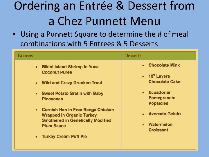 Ordering an Entrée & Dessert from a Chez Punnett Menu • Using a Punnett