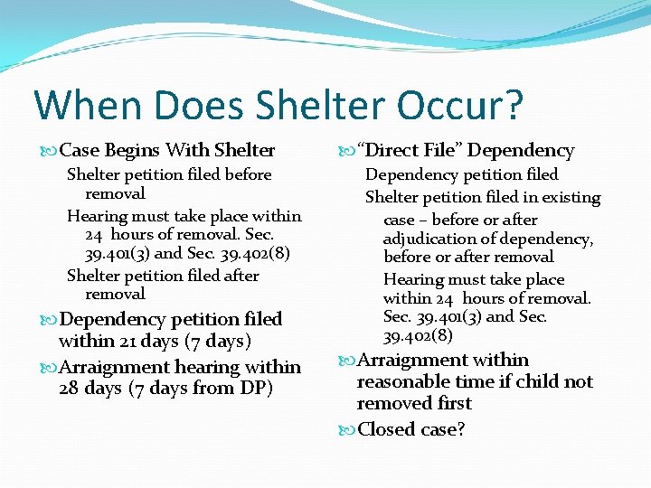 When Does Shelter Occur? Case Begins With Shelter petition filed before removal Hearing must