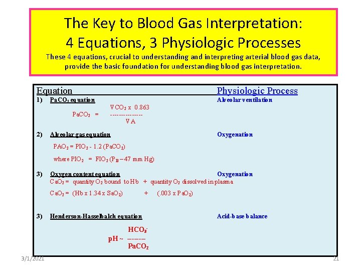 The Key to Blood Gas Interpretation: 4 Equations, 3 Physiologic Processes These 4 equations,