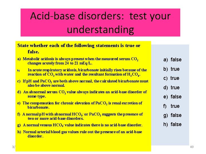 Acid-base disorders: test your understanding State whether each of the following statements is true