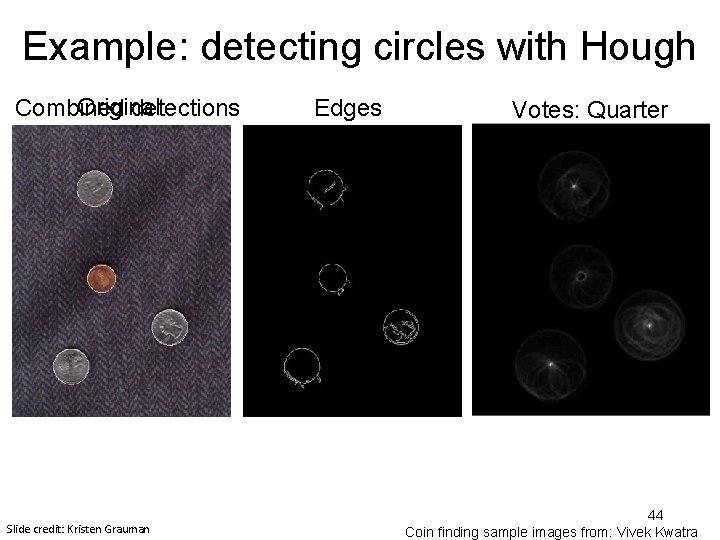 Example: detecting circles with Hough Original Combined detections Slide credit: Kristen Grauman Edges Votes: