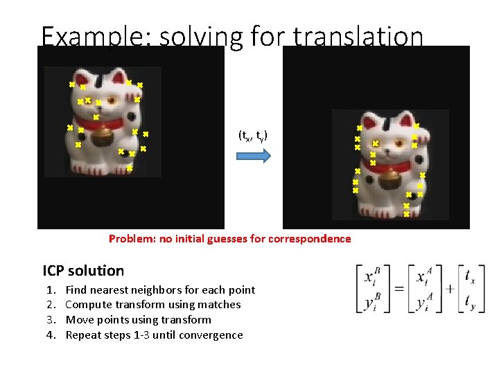 Example: solving for translation (tx, ty) Problem: no initial guesses for correspondence ICP solution