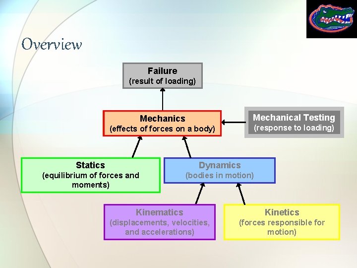 Overview Failure (result of loading) Mechanical Testing Mechanics (response to loading) (effects of forces