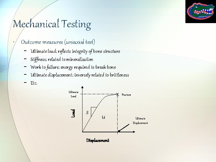 Mechanical Testing • Outcome measures (uniaxial test) Ultimate load: reflects integrity of bone structure