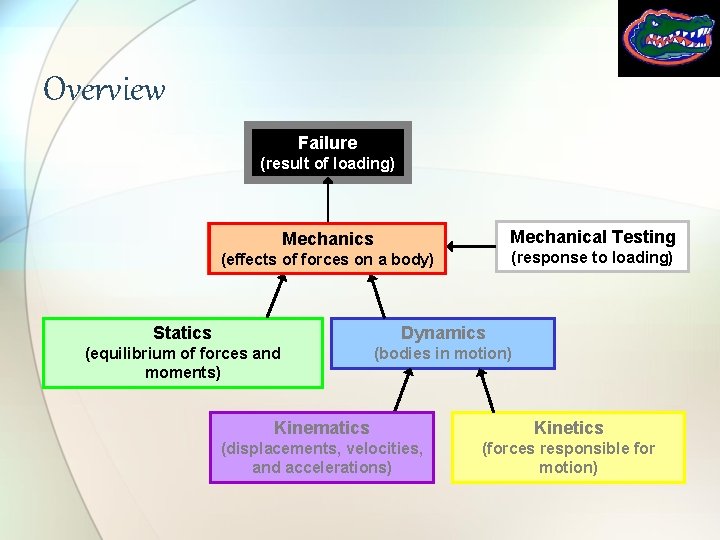 Overview Failure (result of loading) Mechanical Testing Mechanics (response to loading) (effects of forces