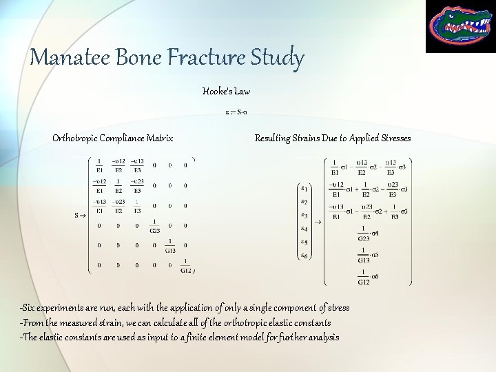 Manatee Bone Fracture Study Hooke’s Law Orthotropic Compliance Matrix Resulting Strains Due to Applied