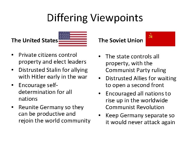 Differing Viewpoints The United States The Soviet Union • Private citizens control property and