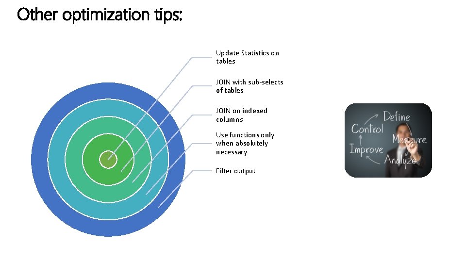 Other optimization tips: Update Statistics on tables JOIN with sub-selects of tables JOIN on