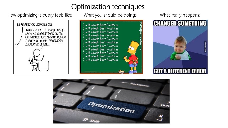Optimization techniques How optimizing a query feels like: What you should be doing: What Optimization techniques How optimizing a query feels like: What you should be doing: What