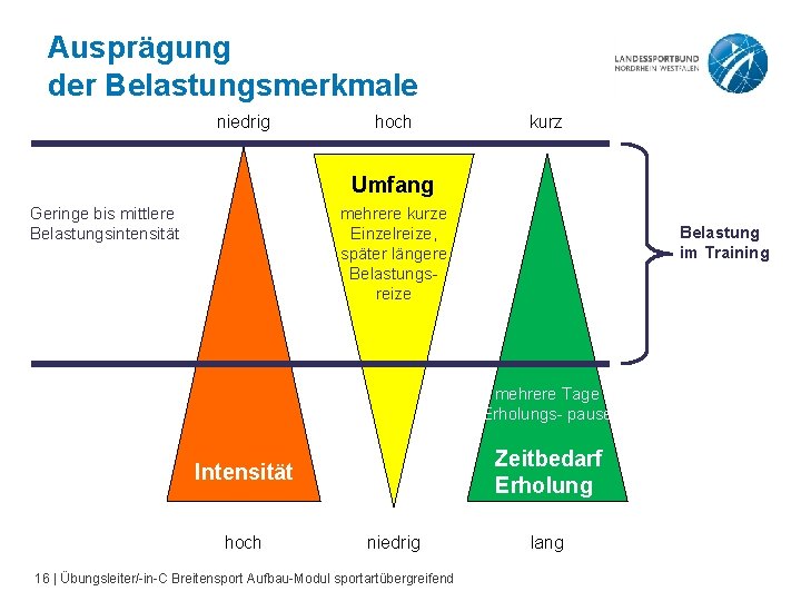Ausprägung der Belastungsmerkmale niedrig hoch kurz Umfang mehrere kurze Einzelreize, später längere Belastungsreize Geringe