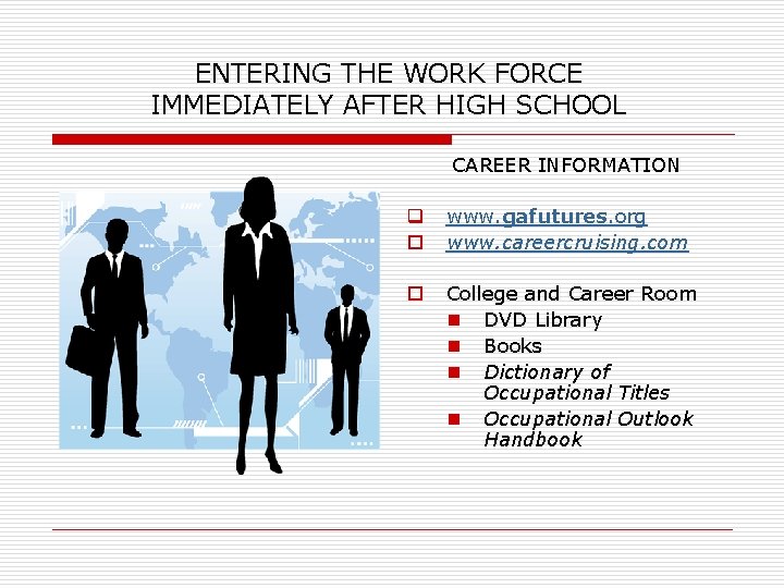 ENTERING THE WORK FORCE IMMEDIATELY AFTER HIGH SCHOOL CAREER INFORMATION q o www. gafutures.