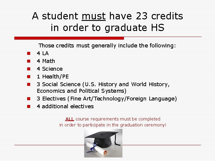 A student must have 23 credits in order to graduate HS n n n