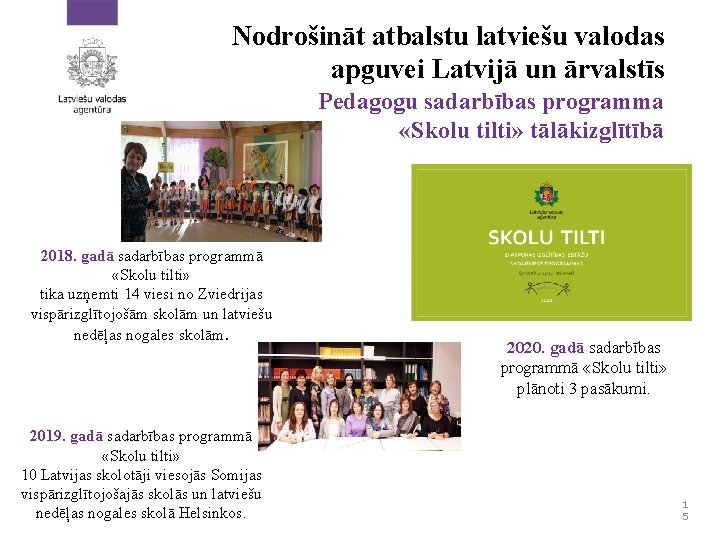 Nodrošināt atbalstu latviešu valodas apguvei Latvijā un ārvalstīs Pedagogu sadarbības programma «Skolu tilti» tālākizglītībā