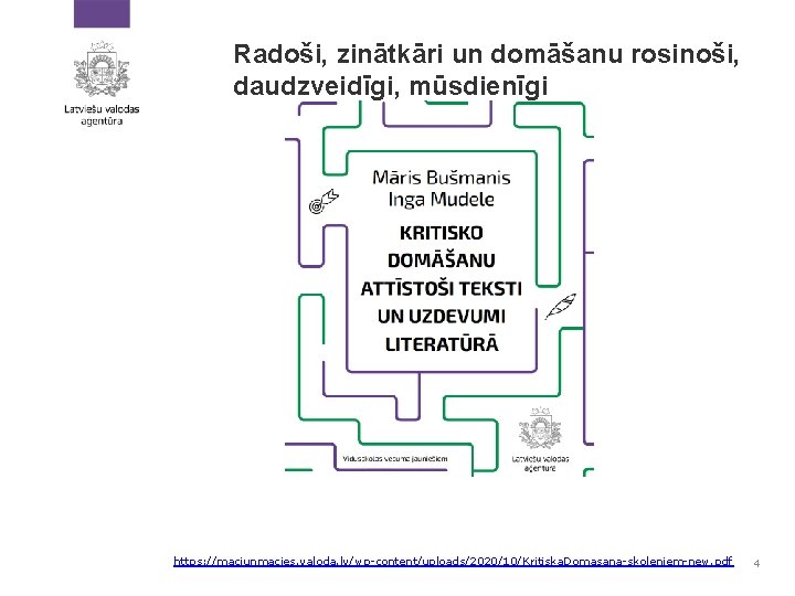 Radoši, zinātkāri un domāšanu rosinoši, daudzveidīgi, mūsdienīgi https: //maciunmacies. valoda. lv/wp-content/uploads/2020/10/Kritiska. Domasana-skoleniem-new. pdf 4