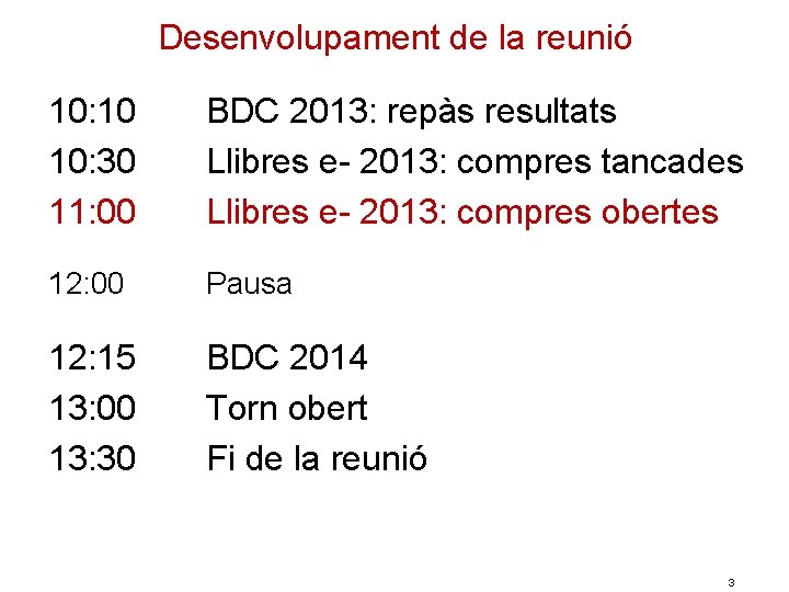 Desenvolupament de la reunió 10: 10 10: 30 11: 00 BDC 2013: repàs resultats