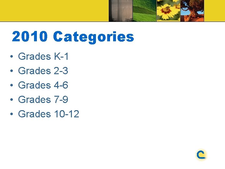 2010 Categories • • • Grades K-1 Grades 2 -3 Grades 4 -6 Grades