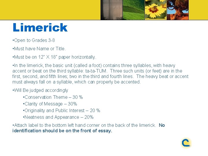 Limerick • Open to Grades 3 -8 • Must have Name or Title. •