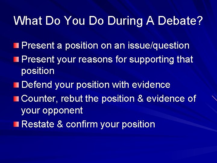 What Do You Do During A Debate? Present a position on an issue/question Present