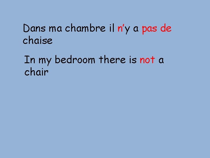 Dans ma chambre il n’y a pas de chaise In my bedroom there is