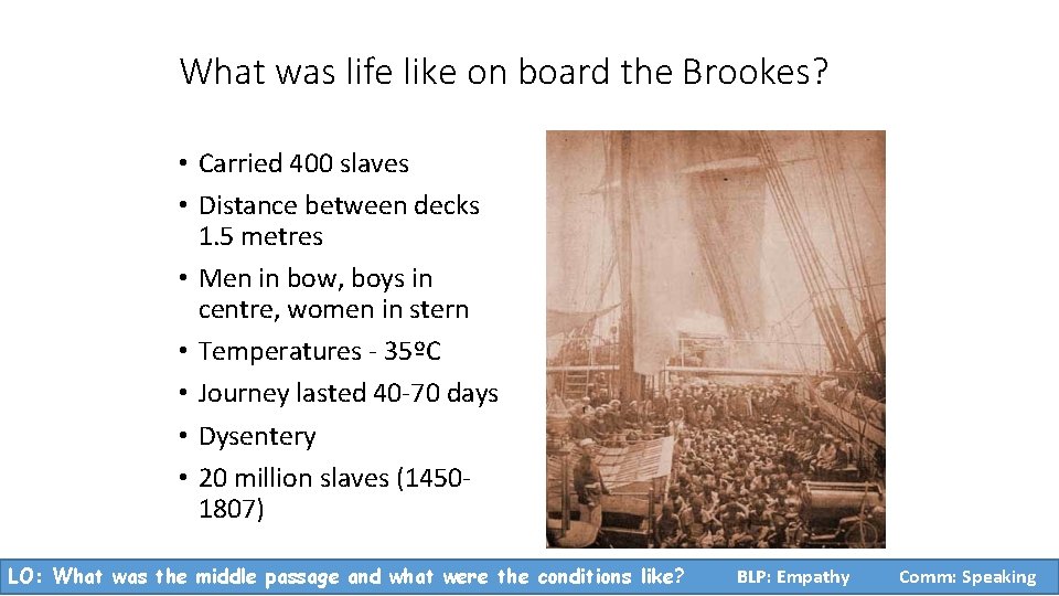 What was life like on board the Brookes? • Carried 400 slaves • Distance