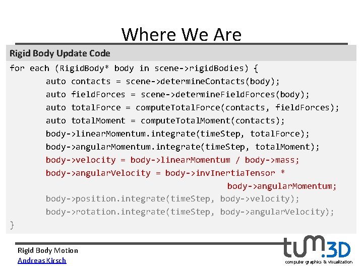 Where We Are Rigid Body Update Code for each (Rigid. Body* body in scene->rigid.