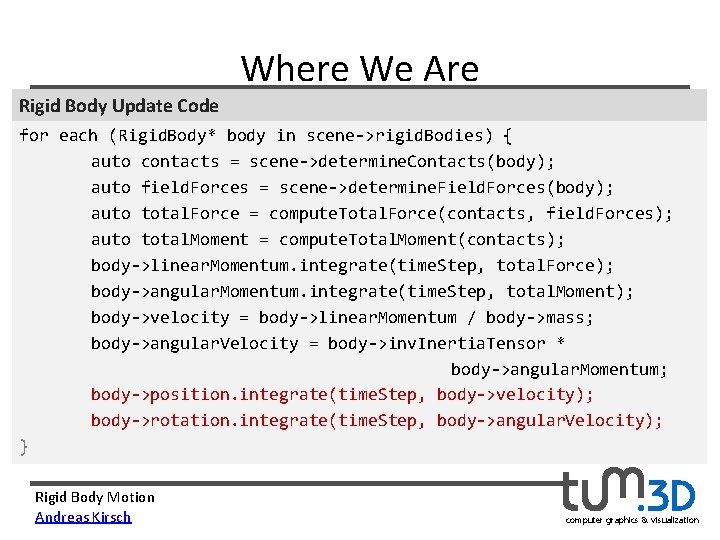 Where We Are Rigid Body Update Code for each (Rigid. Body* body in scene->rigid.