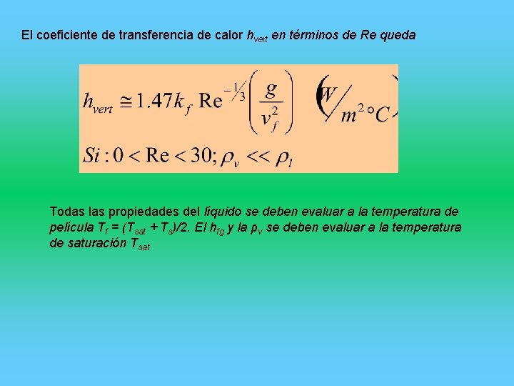 El coeficiente de transferencia de calor hvert en términos de Re queda Todas las