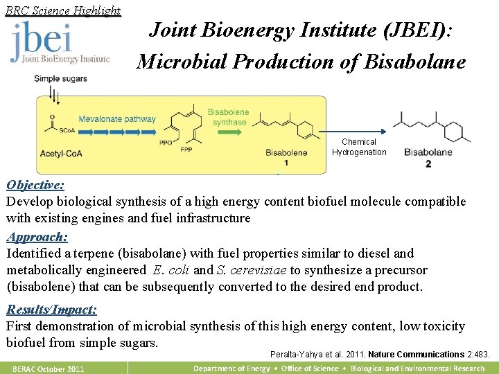 BRC Science Highlight Joint Bioenergy Institute (JBEI): Microbial Production of Bisabolane Chemical Hydrogenation Objective: