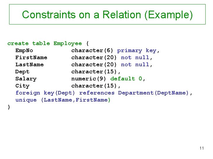 Constraints on a Relation (Example) create table Employee ( Emp. No character(6) primary key,