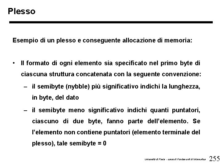 Plesso Esempio di un plesso e conseguente allocazione di memoria: • Il formato di