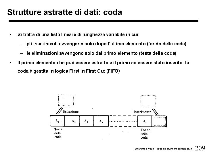 Strutture astratte di dati: coda • Si tratta di una lista lineare di lunghezza