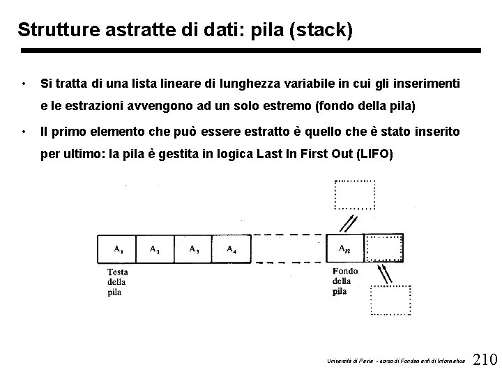 Strutture astratte di dati: pila (stack) • Si tratta di una lista lineare di