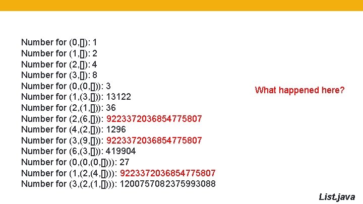 Number for (0, []): 1 Number for (1, []): 2 Number for (2, []):